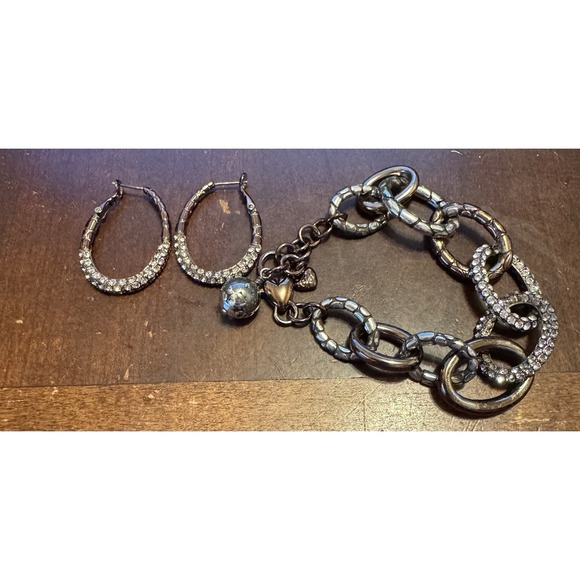 Brighton Jewelry - BRIGHTON PEBBLE Silver Chocolate Gunmetal Link Chain Bracelet.‎ And Earrings